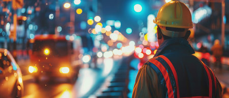 A construction worker is standing on a busy road at night wearing a hard hat and reflective vest.の素材