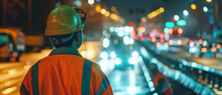A construction worker is standing on a busy road at night.の素材