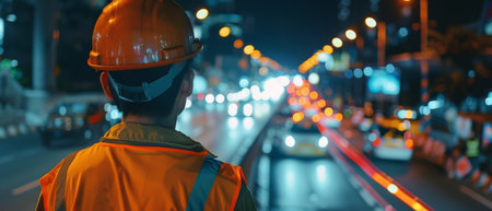 A construction worker is standing on a bridge at night, looking out at the city lights.の素材