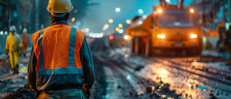 A construction worker is standing with his back to the camera. He is wearing a hard hat, a reflective vest, and a tool belt. He is looking at a large piece of machinery that is being used to dig a trench. The worker is illuminated by the lights of the machinery.の素材