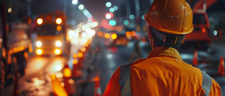 A road worker wearing a hard hat and reflective vest stands at a construction site at night.の素材
