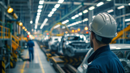 worker wearing hardhat looking at production line of cars on assembly lineの素材