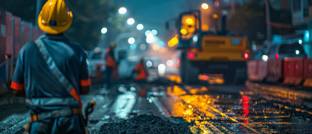 A road construction worker in a hard hat stands in front of a steamroller at nightの素材