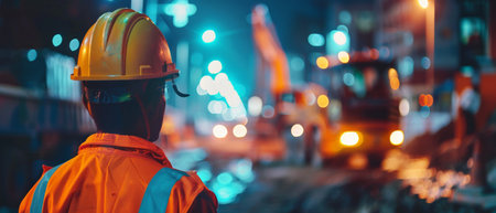 A construction worker wearing a hard hat and safety vest is standing at a construction site at night.の素材