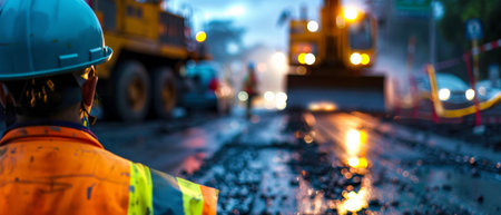 A road construction worker in a hard hat and reflective vest stands at a construction site at night.の素材