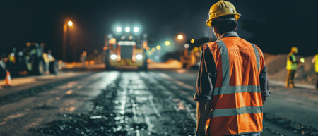 A road worker wearing a hard hat and reflective vest stands at a construction site at night.の素材