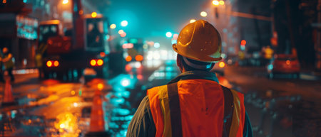 A construction worker wearing a hard hat and reflective vest stands at a construction site at night.の素材