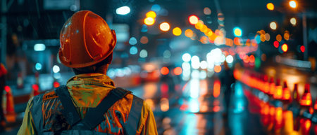 A construction worker is standing in the middle of a busy city street at night. The worker is wearing a hard hat and a reflective safety vest. The city lights are blurred in the background.の素材