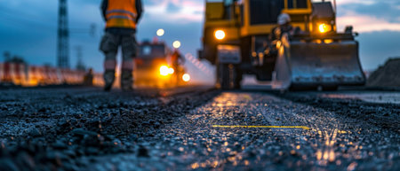 New asphalt being laid on a roadの素材