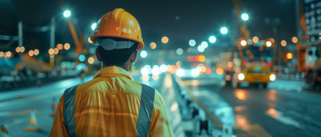 A construction worker is standing on a busy road at night, looking at the city lights.の素材