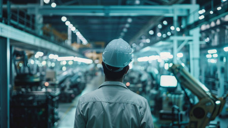 Engineer in hard hat looking at automated production lineの素材
