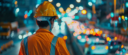 A construction worker wearing a hard hat and reflective vest is standing on a busy road at night. The worker is looking out at the traffic.の素材