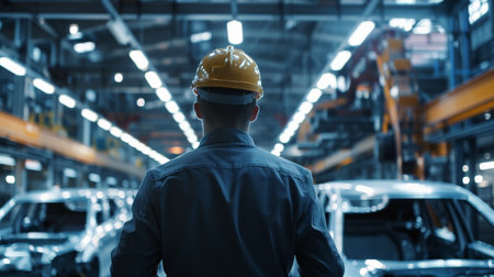 Engineer wearing hardhat inspecting quality of car production line in automotive industry factoryの素材