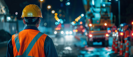 A construction worker wearing a hard hat and safety vest is standing at a construction site at night.の素材