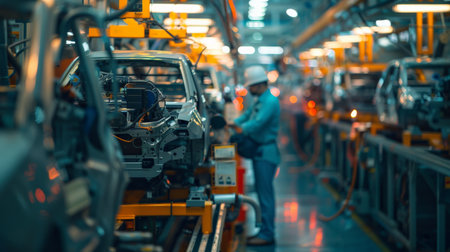 Car factory production line with worker.の素材