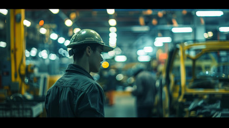 Man in hard hat looking at machines in factoryの素材