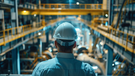 Thoughtful engineer looking at the machines in a large factoryの素材