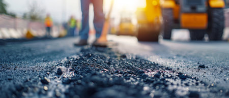 New asphalt being laid on a roadの素材