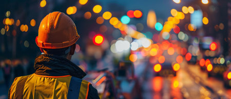 A construction worker is standing on a busy road at night, looking out at the traffic.の素材