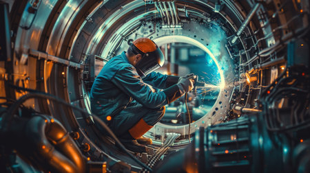 A welder works in a confined space.の素材