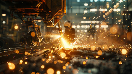 Industrial worker in protective clothing and mask welding metal in factory with sparks flyingの素材
