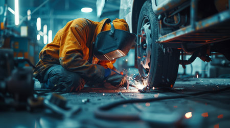 welder in protective gear welding metal in factoryの素材