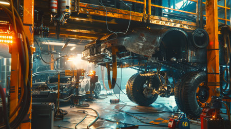 The large vehicle is being repaired in a futuristic garage with advanced technology.の素材