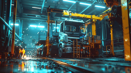 The interior of a modern factory with a large yellow truck being assembled on the production line.の素材