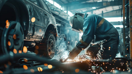 welder in protective clothing and mask welds metal parts with sparksの素材