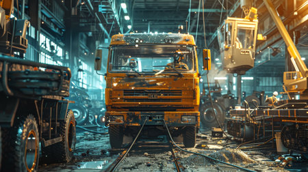 Large yellow truck in industrial buildingの素材