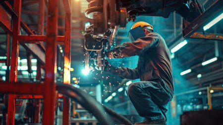 Industrial worker in protective workwear and helmet welding metal construction with sparksの素材