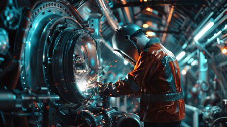 welder in protective gear welds a large metal structure with sparks flyingの素材