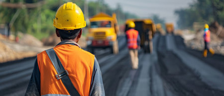 A road construction worker wearing a hard hat and a reflective vest is walking away from the camera. In the background, a dump truck is driving away.の素材