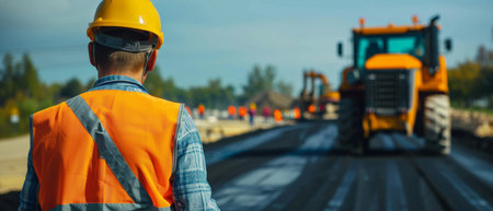 A road construction worker in a hard hat and reflective vest stands in front of a steamroller.の素材