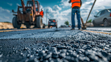 New asphalt road surface with workers in the backgroundの素材