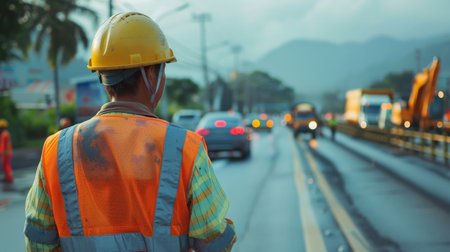 A road worker wearing a hard hat and a reflective vest is standing in the middle of a busy road, with traffic in both directions.の素材