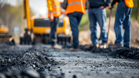 New asphalt being laid on a roadの素材