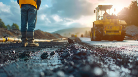 A road construction worker is standing on a newly paved road, looking at a steamroller in the distance.の素材