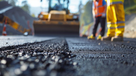 The road is being paved by construction workersの素材