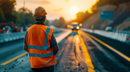 A road worker is standing on the side of a road wearing a hard hat and reflective vest. The sun is setting in the background.の素材
