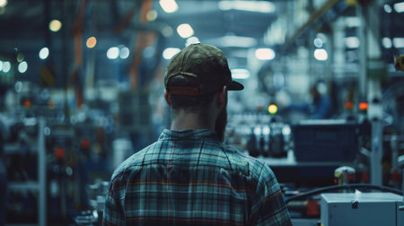 A man in a plaid shirt and hat operates a machine in a factory.の素材