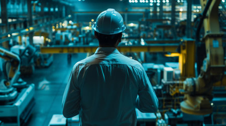 Engineer wearing hardhat looking at automated robotic production lineの素材