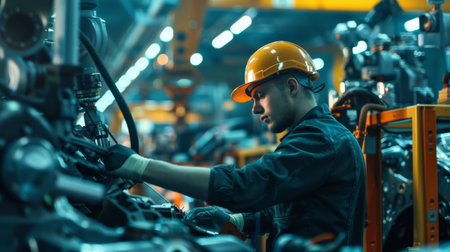 A worker in a hard hat operates heavy machinery in a factory.の素材