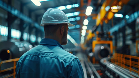 An industrial worker wearing a hard hat and protective gear is working in a factory.の素材
