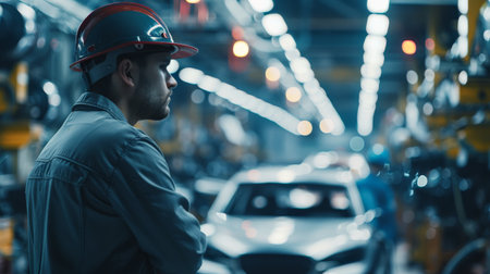 Thoughtful factory worker looking at the production lineの素材