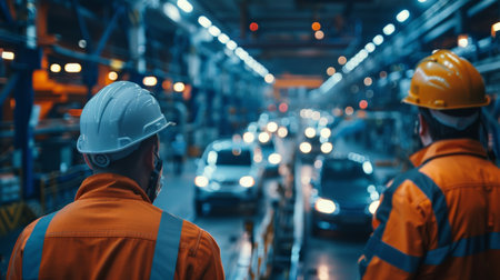 Two industrial workers in hard hats looking at the production lineの素材