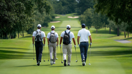 Group of golfers walking down the fairway with their clubs.の素材