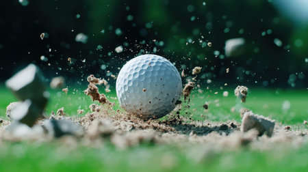 Golf ball in mid-air after being struck by a driver. golf ball sand pitの素材