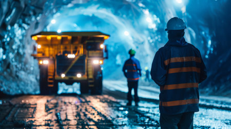 The image shows a  underground mine with a large yellow truck and two miners.の素材