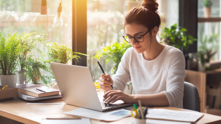 Portrait of a young business woman in casual clothes working on a laptop computer at office or at home and writing at the desk making notesの素材